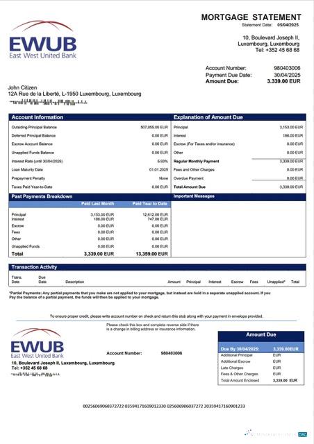 Download Luxembourg East West United Bank mortgage statement Word and PDF template Photoshop template